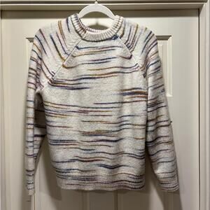 LOFT White and Blue Crew Neck Sweater with Striped Pattern